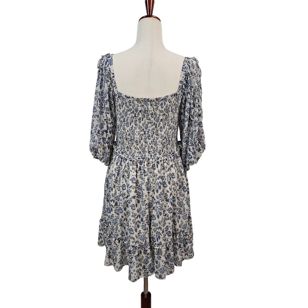 Super Natural Puff Sleeve Mini Dress L Blue Floral Smocked Peasant Cottage - Picture 3 of 15